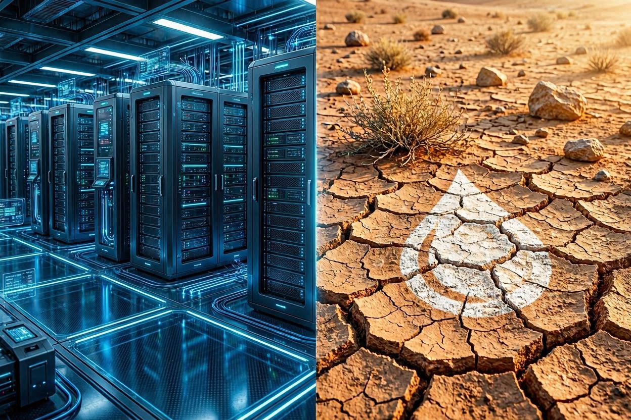 A visual metaphor in which the infinite advanced technology (AI) of cyberspace and the arid environment (drought) of the real world are divided in half and starkly contrasted.