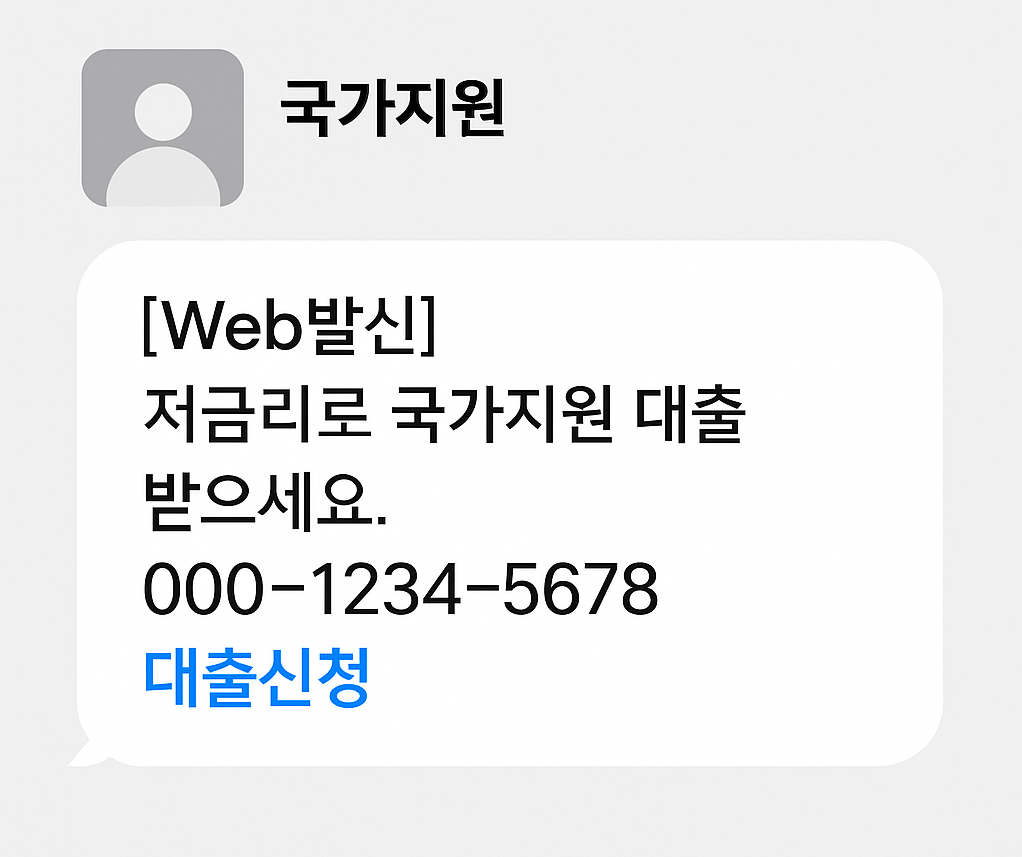 &amp;#39;국가지원&amp;#39;이라는 발신자 이름으로 &amp;quot;[Web발신] 저금리로 국가지원 대출 받으세요. 000-1234-5678 대출신청&amp;quot; 문구가 포함된 문자 메시지 형태의 이미지.