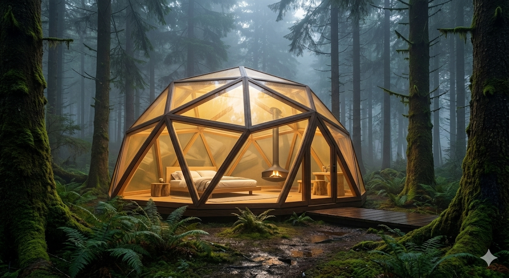 2026년형 미래지향적 프라이빗 글램핑 하우스 전경, 숲속의 스마트 글라스 돔 구조물
