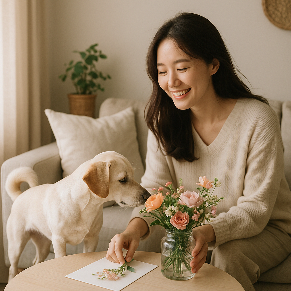 A warm scene of a woman smiling gently while watching her pet dog curiously sniffing near a flower vase in the living room