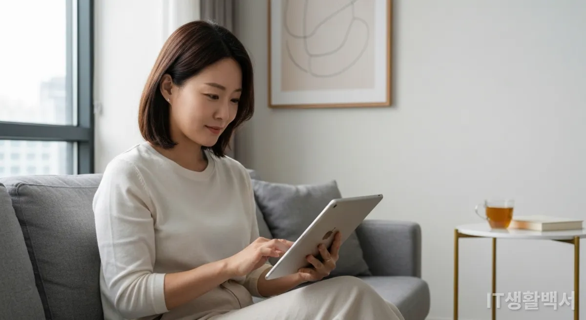 개인화된 AI 챗봇을 설정하는 여성이 태블릿을 사용하는 모습