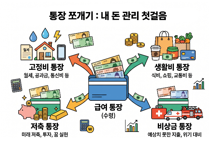급여 통장에서 목적별 통장으로 돈이 나뉘는 통장 쪼개기 구조