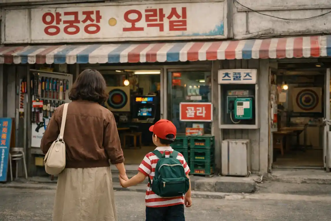 삼촌가게를 향해 엄마와 함께 손 잡고 가는 아이