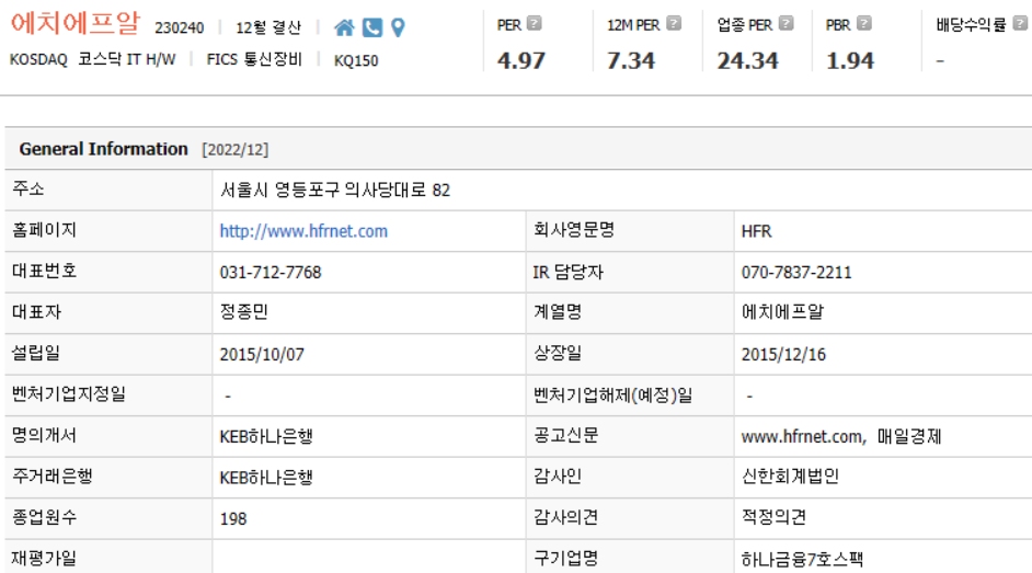 에치에프알 기업개요