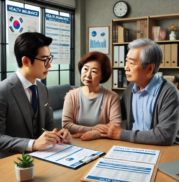 사무실에서 재정 상담사와 상담하는 노부부