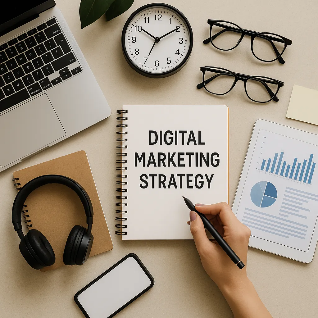 modern workspace flatlay representing digital marketing strategy