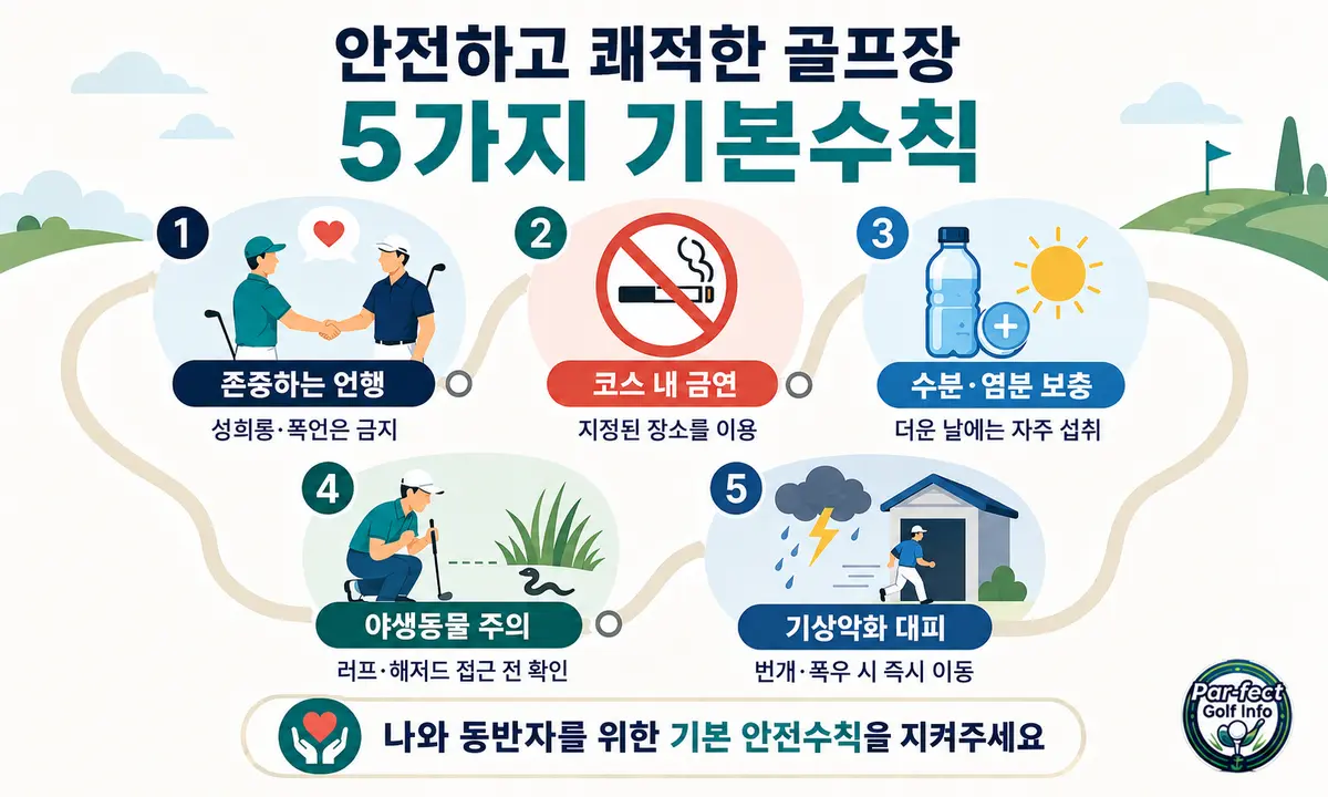 안전하고 쾌적한 골프장을 위한 존중하는 언행, 코스 내 금연, 수분과 염분 보충, 야생동물 주의, 기상악화 대피 수칙을 정리한 인포그래픽