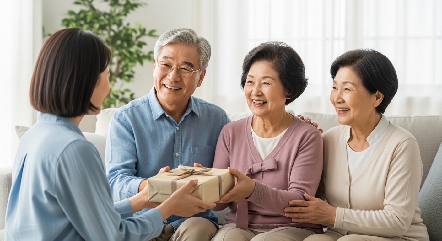성인 자녀가 미소 짓는 부모님께 정성스럽게 포장된 선물을 드리는 따뜻한 가족의 모습
