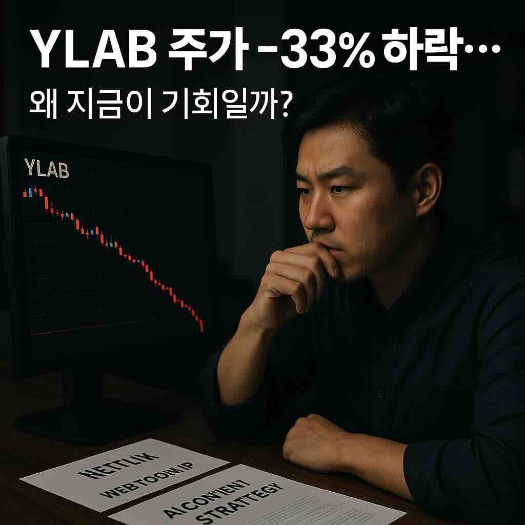 YLAB 주가 급락을 바라보는 한국 투자자 썸네일, 넷플릭스 계약과 AI 콘텐츠 전략 문서가 책상에 놓여 있음