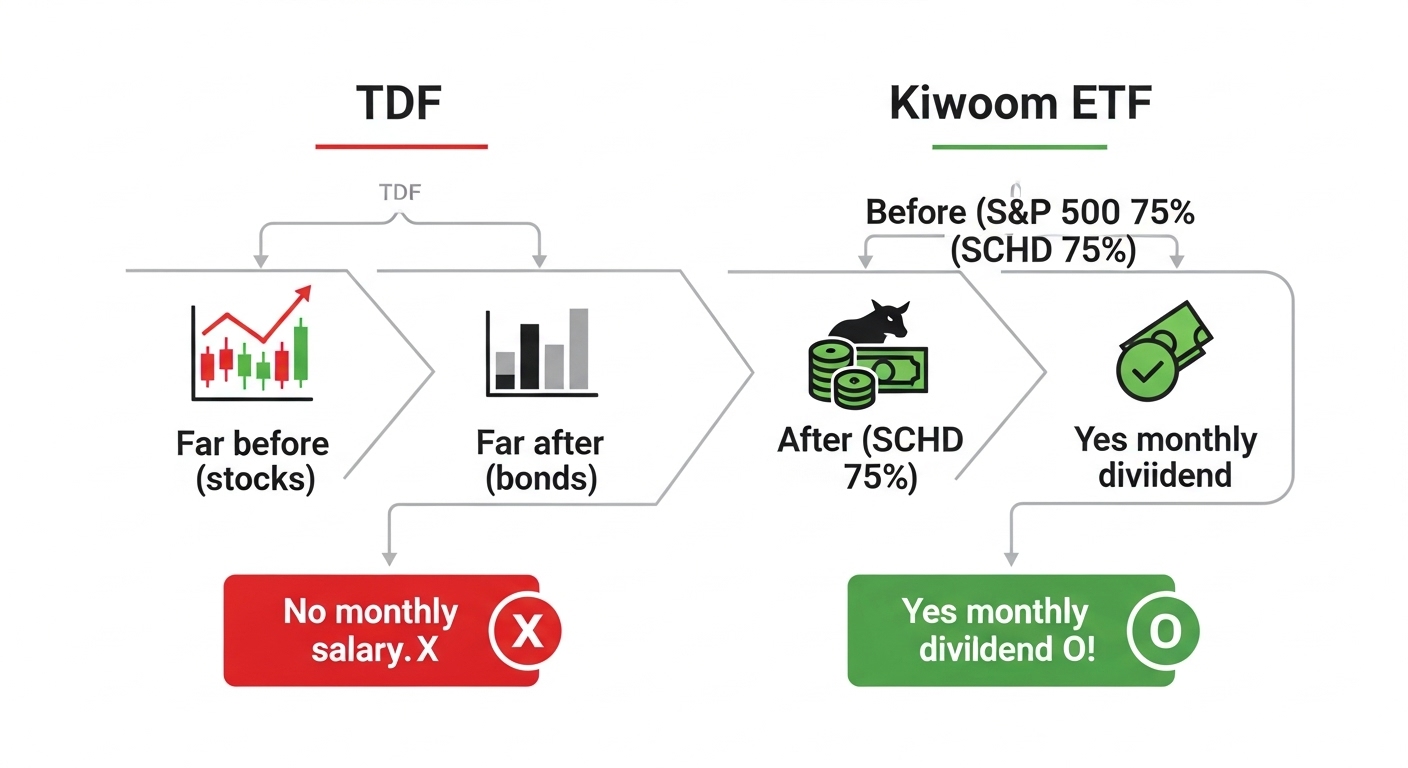 TDF(주식→채권, 월급X)와 키움 ETF(S&amp;P500→SCHD, 월급O)의 은퇴 후 전략을 비교하는 인포그래픽