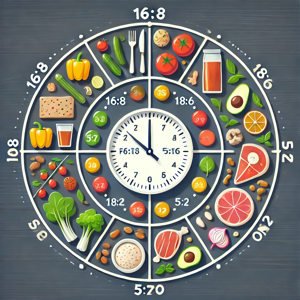 간헐적 단식 방법별 비교: 각 방식의 단식 시간과 식사 시간을 시계 다이어그램으로 표현