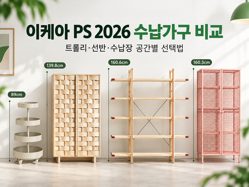 이케아 PS 2026 수납가구 비교 썸네일. 베이지 이동식 트롤리, 소나무 짜임 도어 수납장, 원목 선반유닛, 라이트핑크 유리도어수납장을 나란히 배치하고 제품별 크기와 공간별 선택법을 소개하는 이미지.