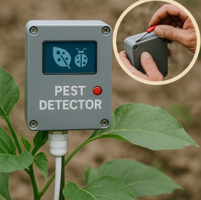 농장 한가운데 설치된 병해충 탐지기를 점검하는 장면으로, 잎사귀 사이에 설치된 회색 센서 장치가 보이고, 오른쪽에는 작업자가 작은 드라이버로 나사를 조이고 있는 손이 확대되어 있다.