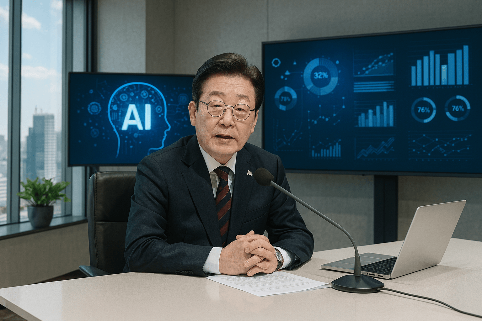 현대적인 집무실에서 인공지능 정책을 논의하는 한국 대통령 모습 2