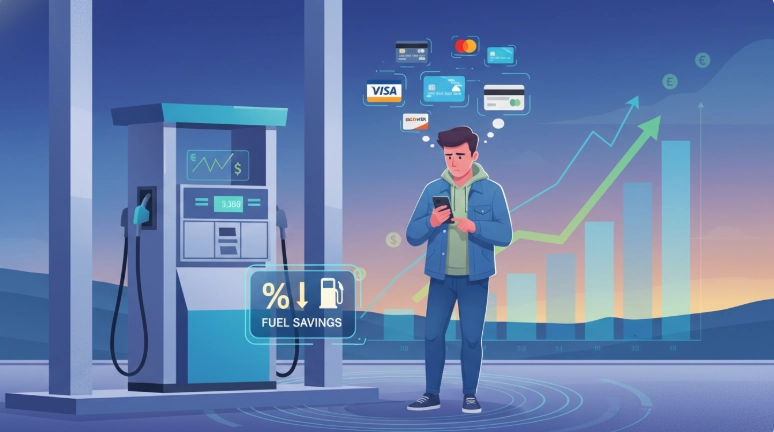 주유소에서 스마트폰을 보며 주유 할인카드를 고민하는 사람. 현명한 카드 선택의 중요성을 나타냅니다.