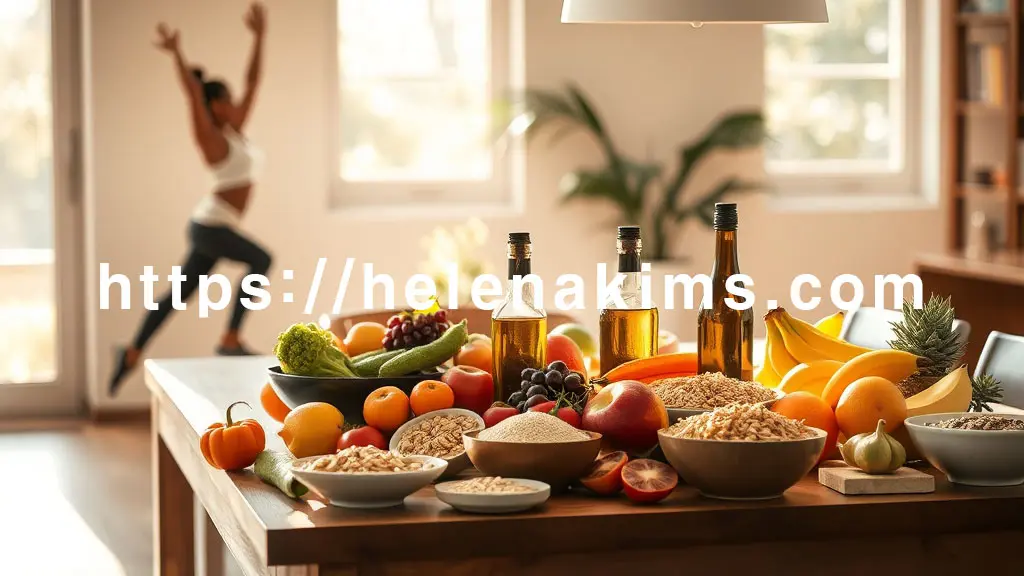 밝고 따뜻한 자연광이 비추는 공간. 식탁 위에는 신선한 과일, 채소, 올리브 오일, 통곡물이 놓여있고, 한쪽에는 운동복을 입은 여성이 스트레칭 하는 모습.