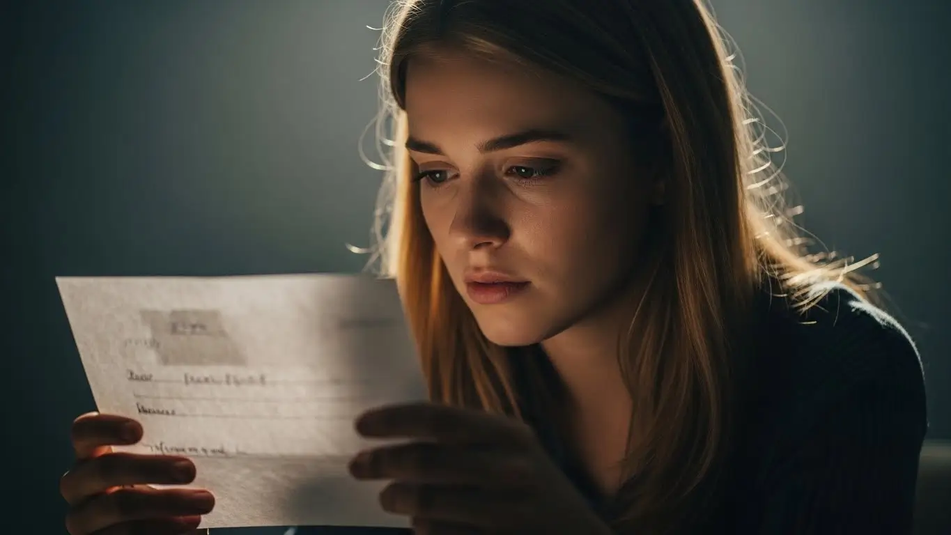 낯선 대부업체로부터 날아온 채권 양도 통지서를 보고 당황하며 불안해하는 한국인의 모습