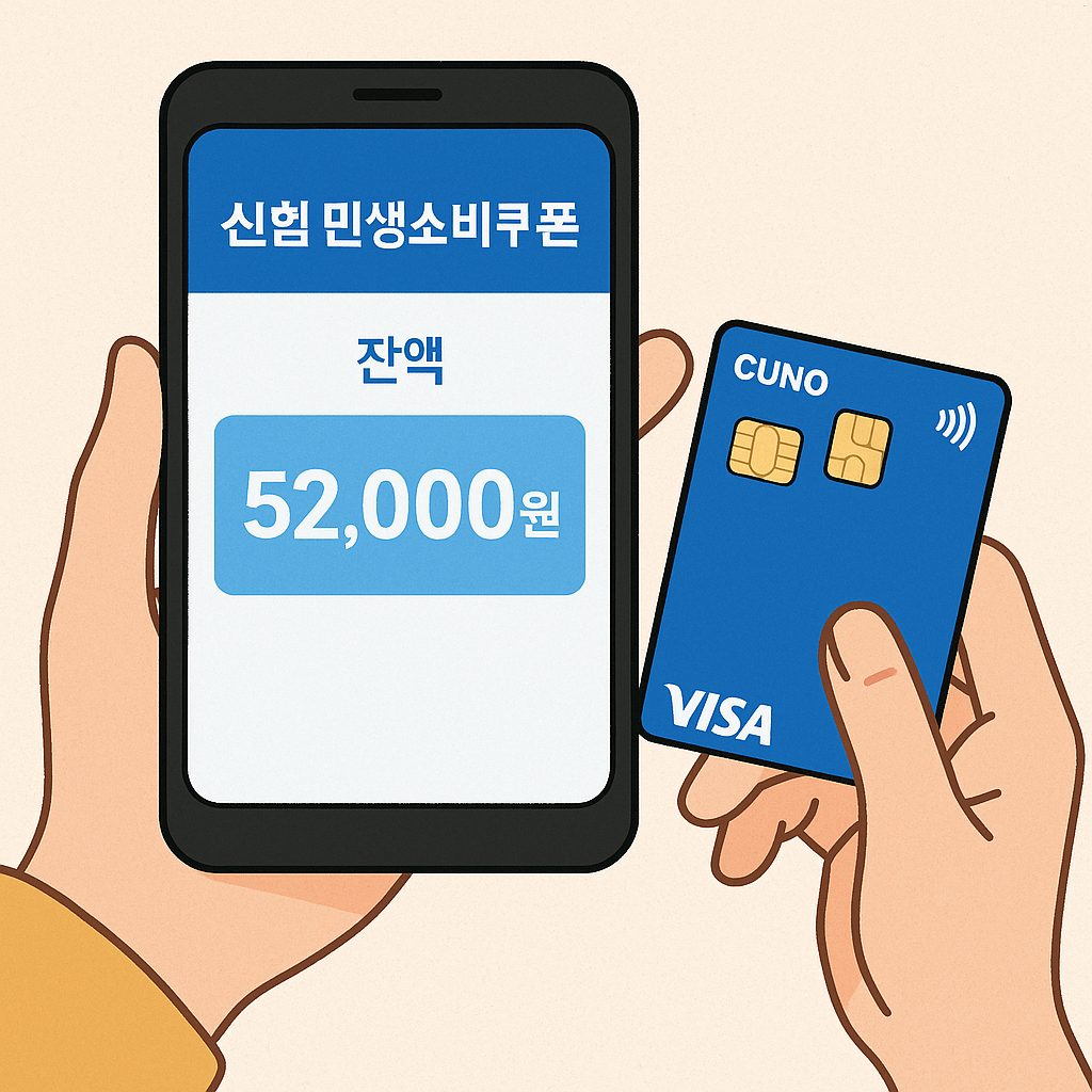 스마트폰-화면에-‘신협-민생소비쿠폰-잔액-52,000원’이-표시되고,-체크카드를-들고-확인-중인-손-일러스트