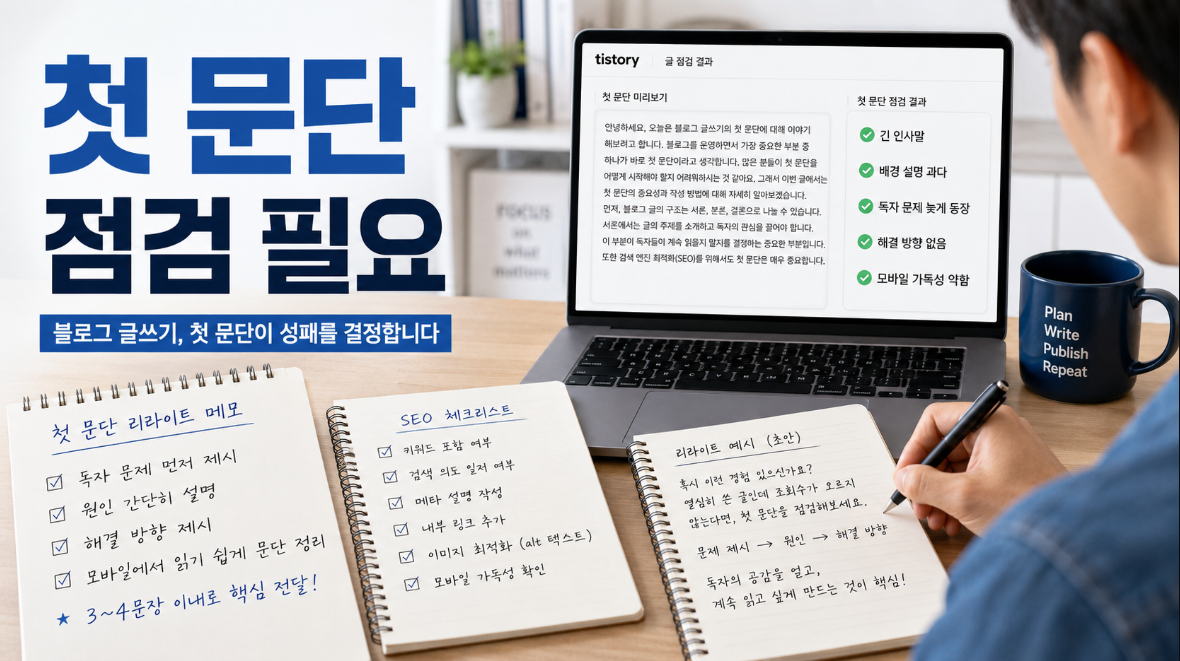 티스토리 블로그에서 긴 인사말과 모호한 서론 때문에 첫 문단 수정이 필요한 상황 이미지