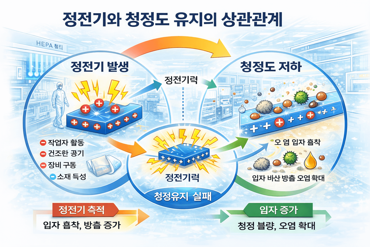 청정공간에서 정전기 발생과 청정도 유지의 상관관계를 시각화한 설명 그림