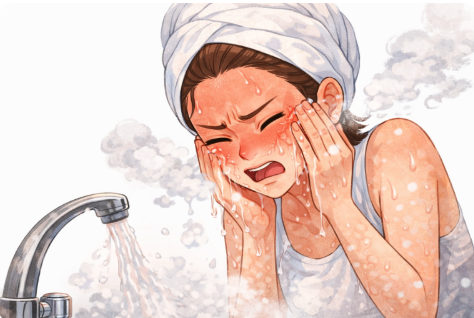 뜨거운물 세안에 얼굴 찡그리는 사람 이미지