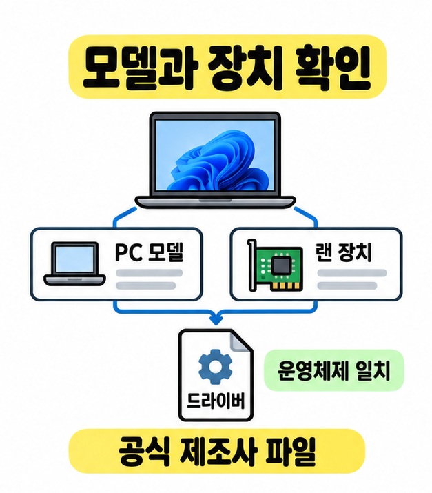 PC 모델과 랜 장치 정보를 확인해 운영체제에 맞는 공식 제조사 드라이버 파일을 고르는 과정을 보여 주는 도식