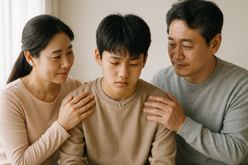 사춘기 남자 아이가 부모님의 격려를 받고 있는 모습