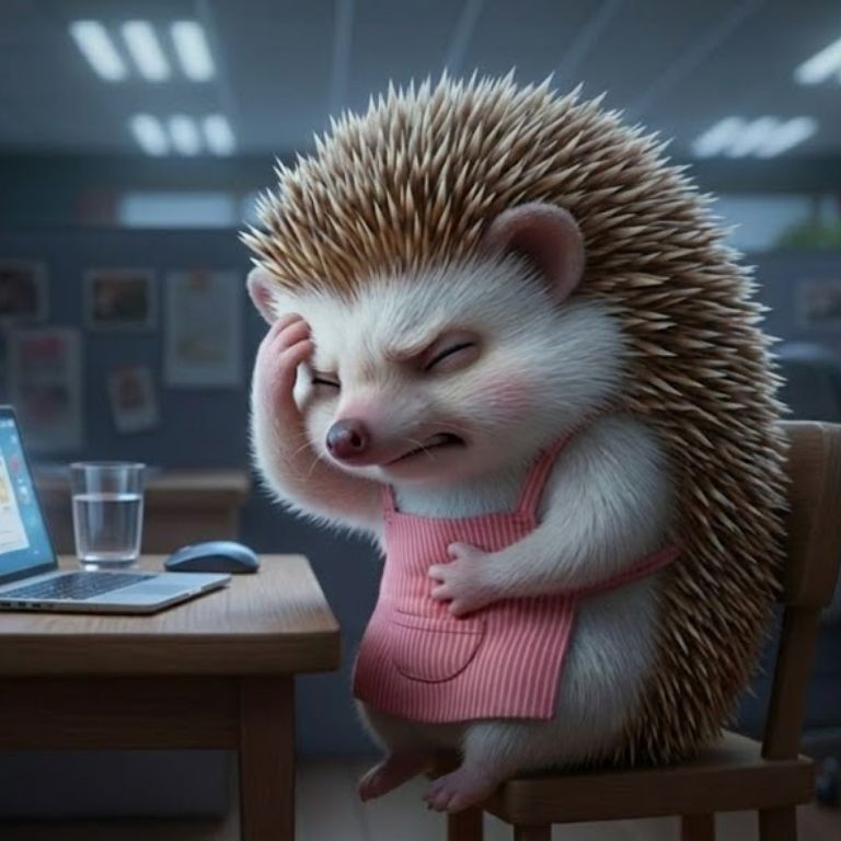 일하다 생리통때문에 배가 아파 배를 붙잡고 있는 도치씨의 모습