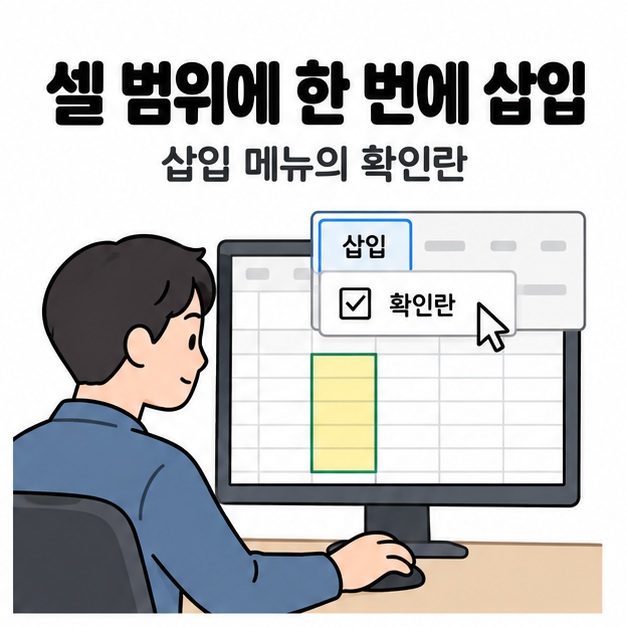 남성이 컴퓨터에서 노란색으로 선택된 셀 범위와 삽입 메뉴의 확인란 항목을 살펴보는 그림