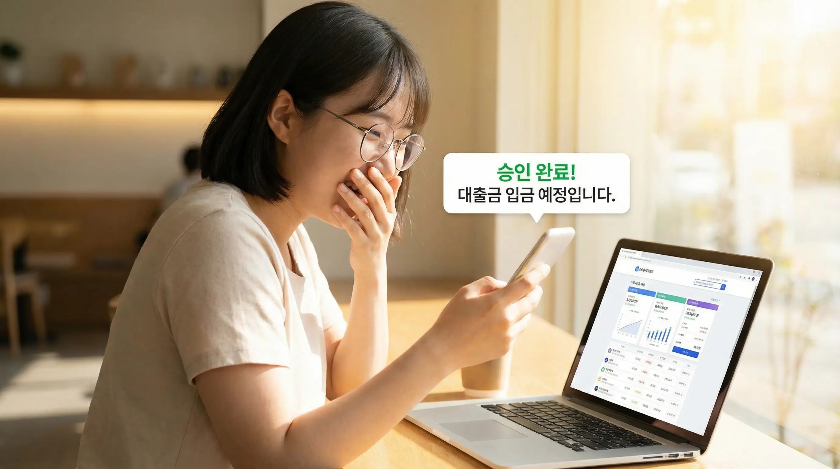 다양한 소액 대출 상품을 비교하고 승인 완료 메시지를 받으며 안도하는 긍정적인 이미지