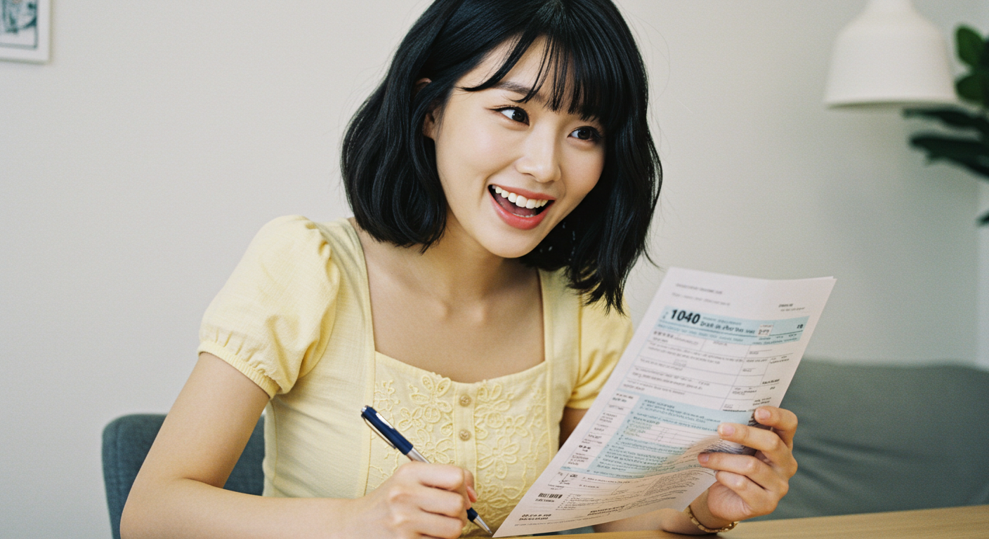 세금신고를 하며 즐거워하는 여성