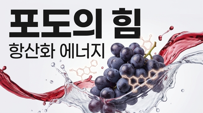 적포도와 와인이 겹합된 이미지 주변으로는 성분 분자의 모양이 보임. 텍스트는 포도의 힘 항산화 에너지라고 적혀있음.
