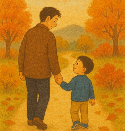 가을 들판을 손잡고 걷는 아버지와 아들