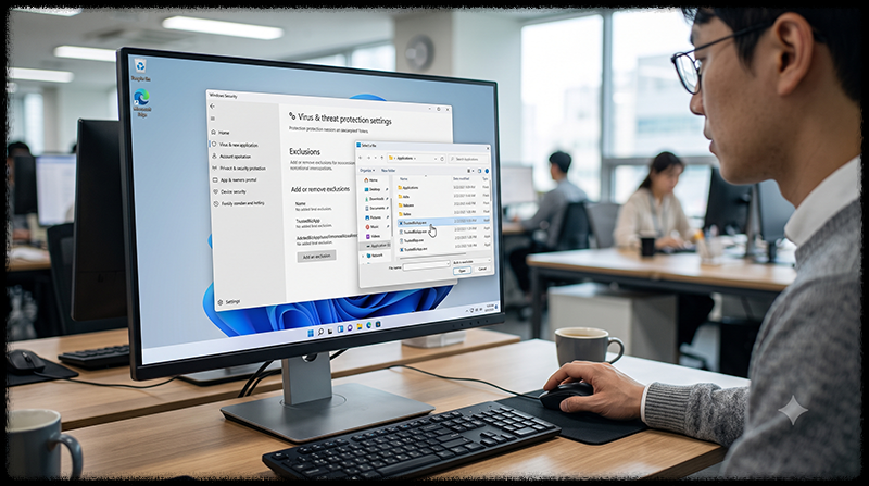 Microsoft Defender 제외 항목에 업무 프로그램 실행 파일을 등록하는 모습