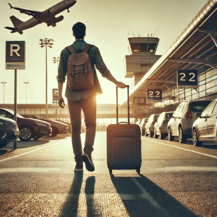 여행을 위하여 공항 주차장에 도착한 모습의 이미지