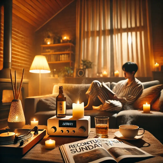 미디어,따뜻한 조명,좋아하는 향,편안한 음악,심리적 안정,명상,요가,독서,따뜻한 목욕