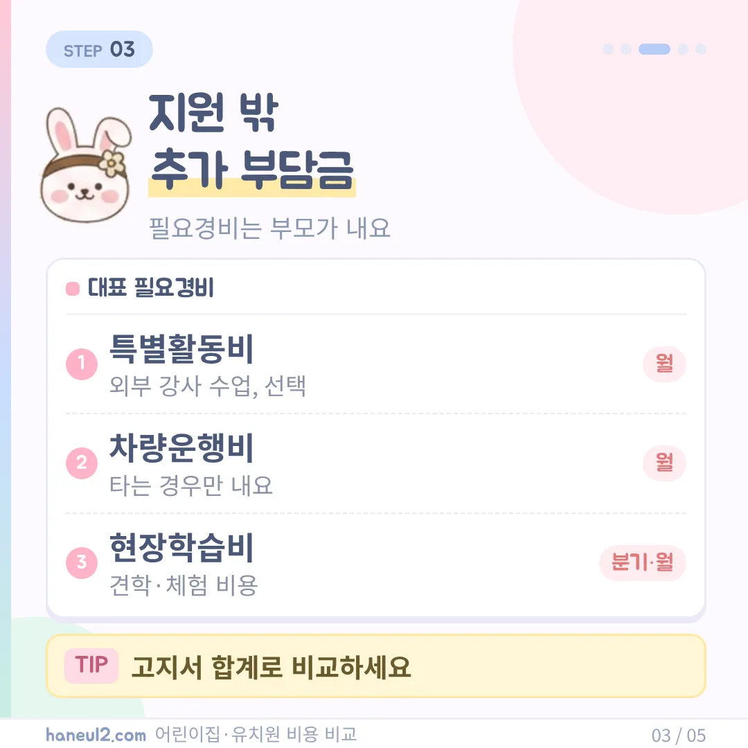특별활동비, 차량운행비, 현장학습비처럼 정부 지원 밖의 비용은 부모가 따로 내요.