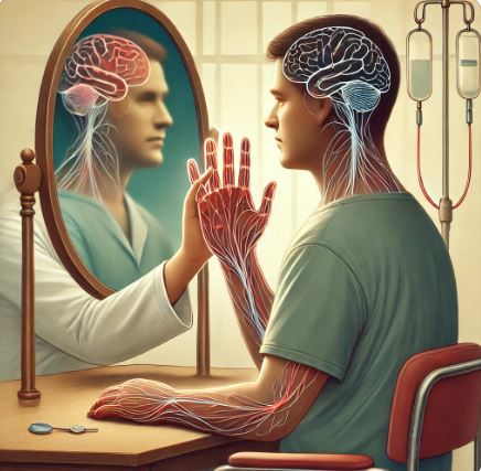 따뜻한 치료 환경 속에서 환자가 거울을 이용하여 재활 치료를 받는 모습