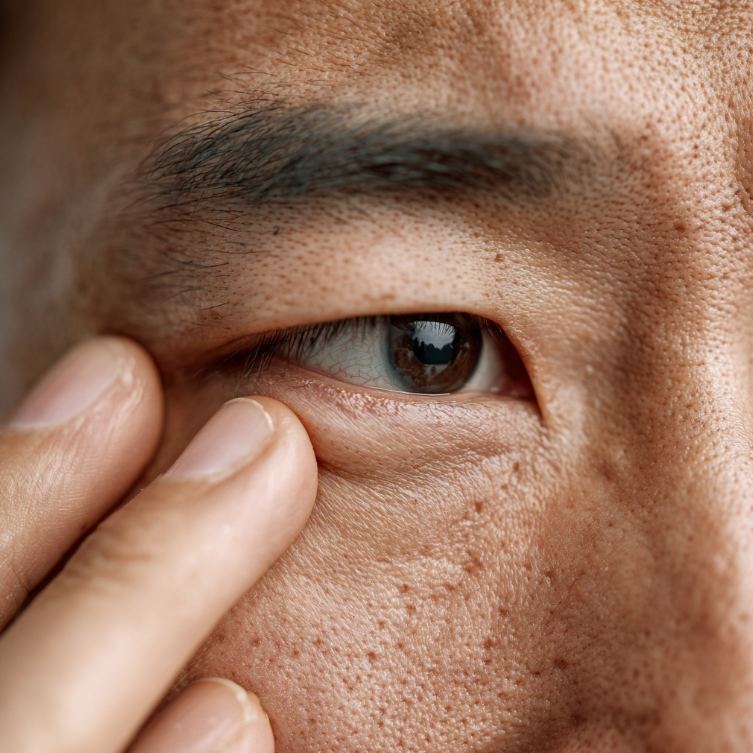 눈 주변이 많이 부워 확인하는 남성