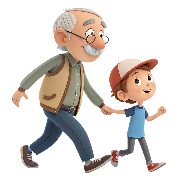 백발에 검정 안경을 쓴 할아버지가 어린 손자의 손을 잡고 걸어간다.