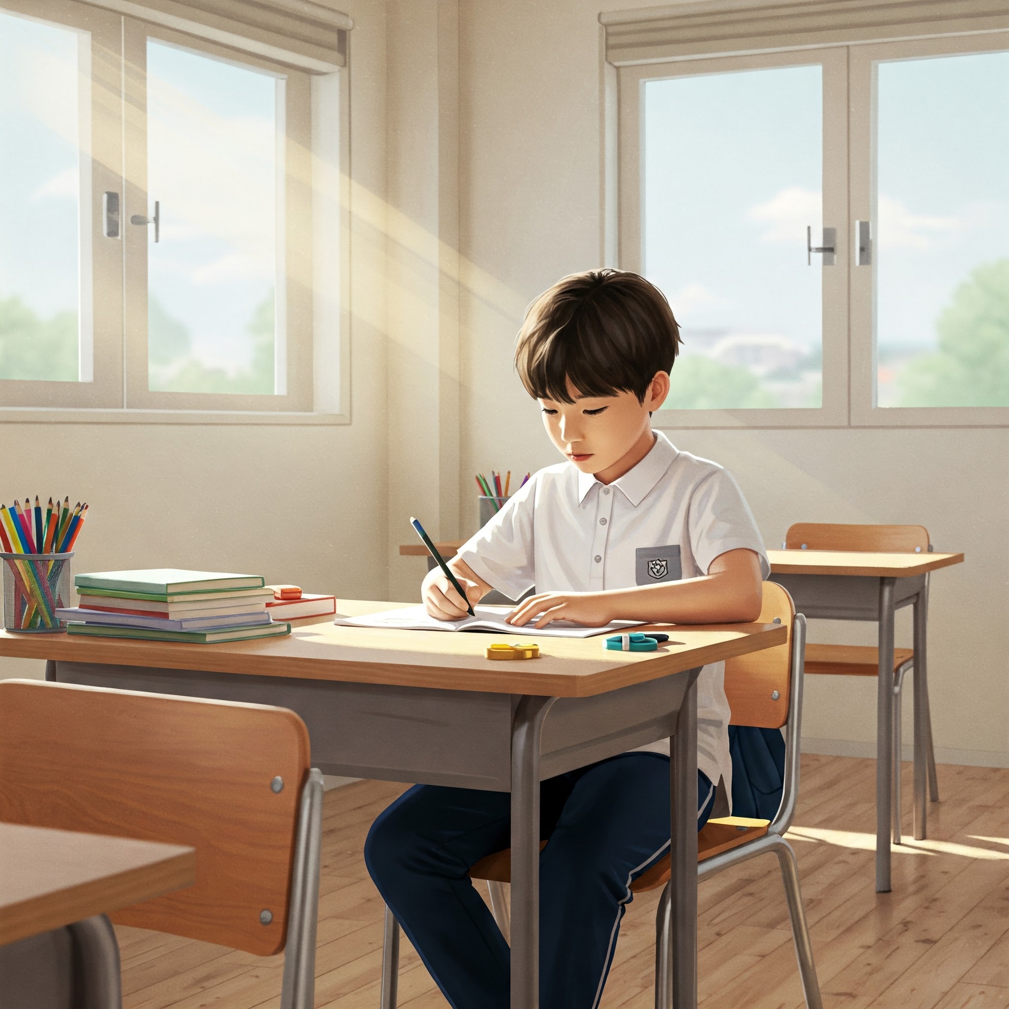 넓고 밝은 스터디룸에서 자기주도학습 중인 초등학생