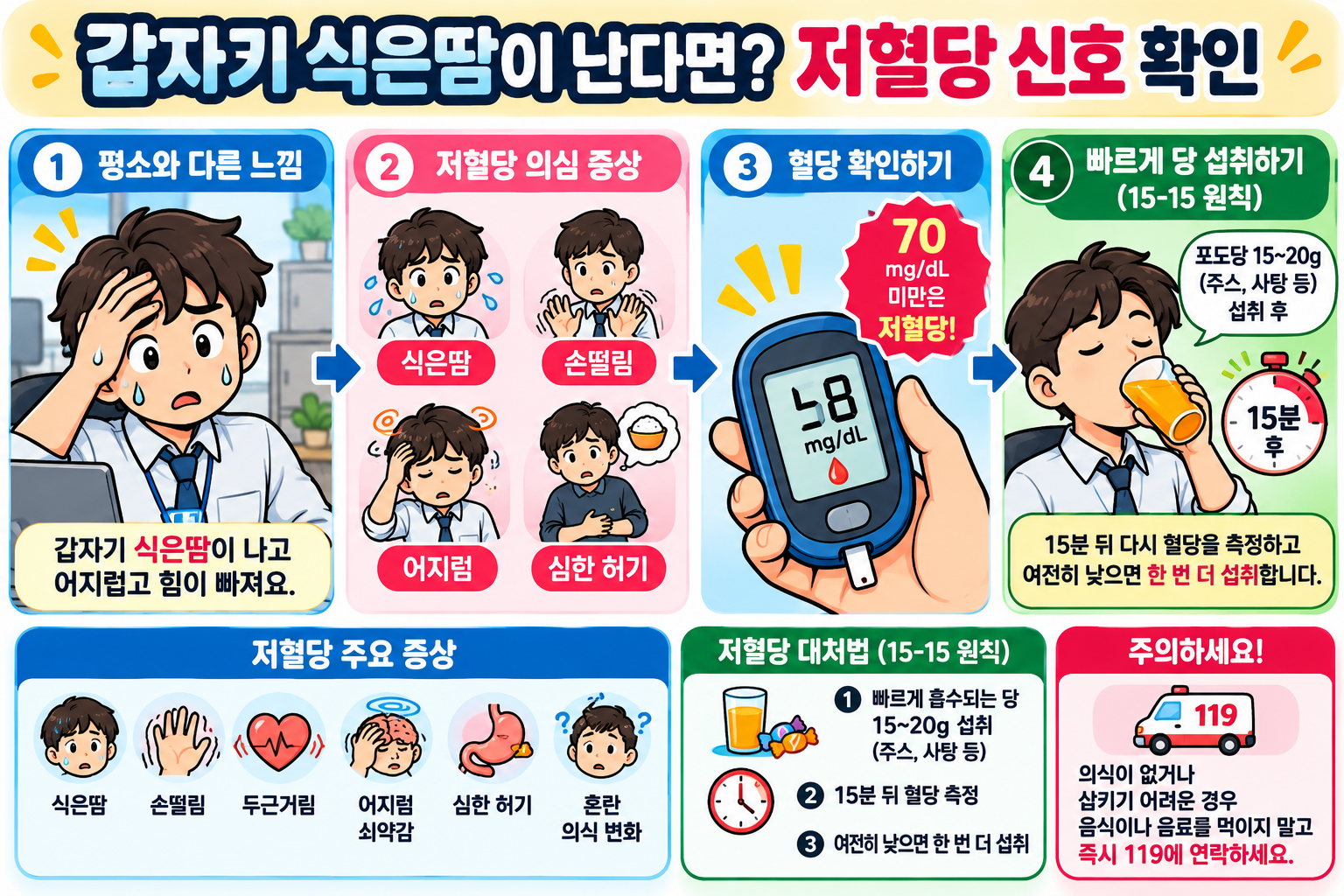 당뇨 환자에게 나타날 수 있는 저혈당 식은땀과 손떨림 증상 및 혈당 확인