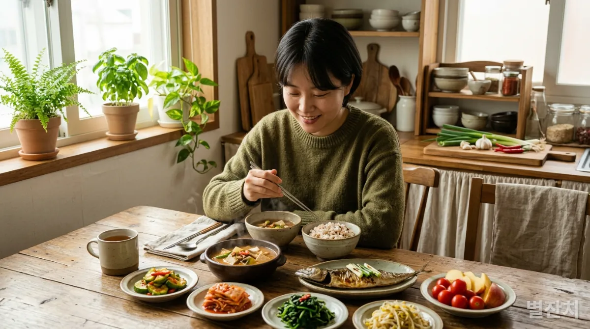 집에서 건강한 식사를 즐기는 한국인의 모습