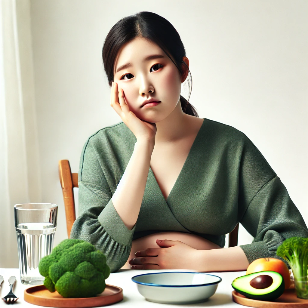 식탁 앞에서 배에 손을 대고 우울해 하고 있는 여성