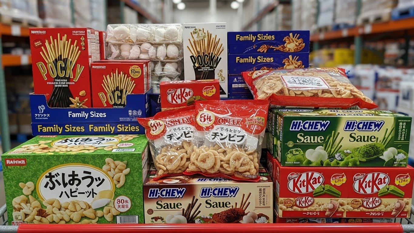 코스트코 매장 카트 안에 가득 담긴 일본 대용량 과자 박스들의 모습