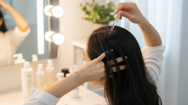 거울 앞에서 두피에 외용 탈모약을 바르는 여성