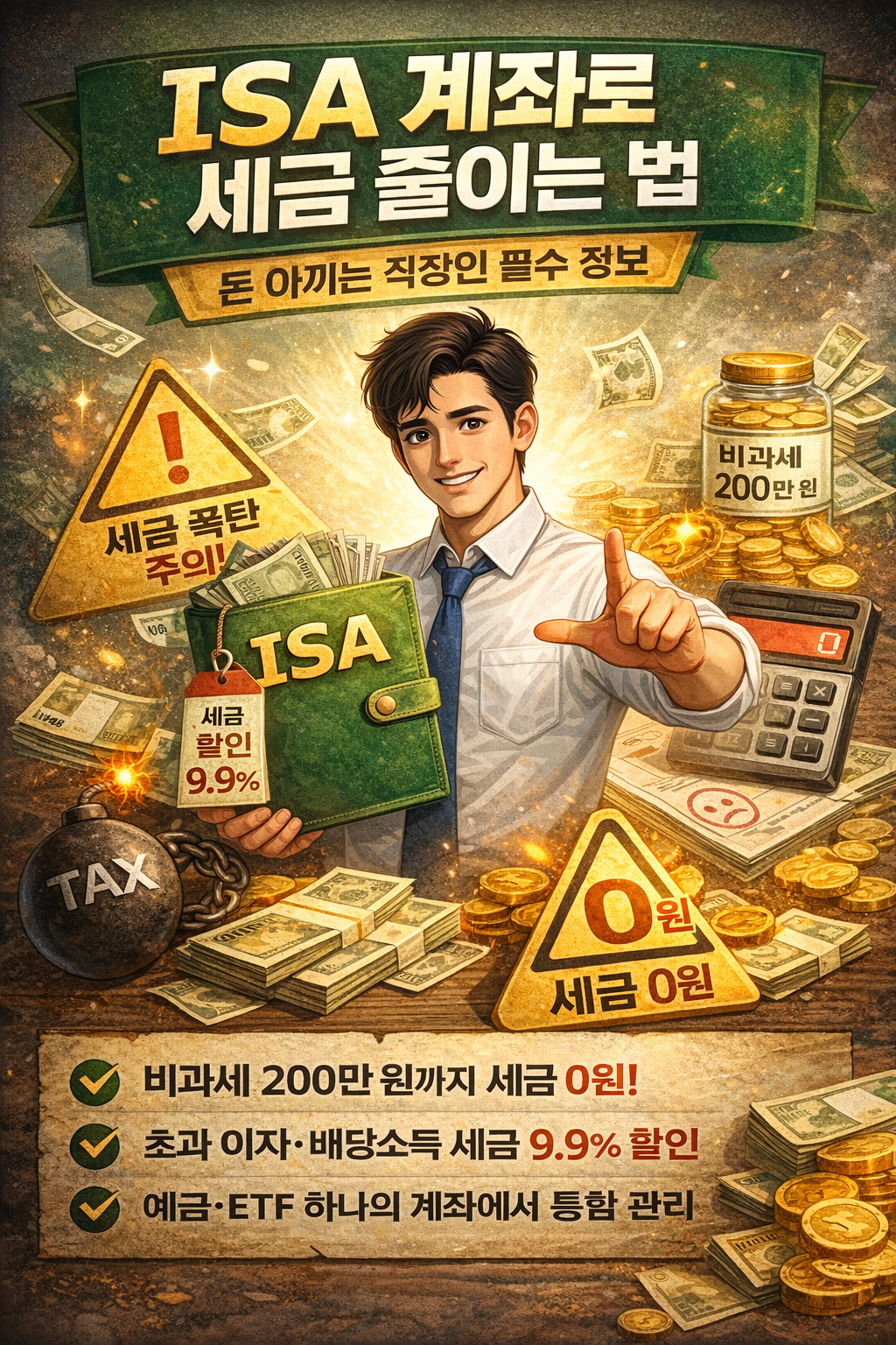 ISA 계좌를 통해 세금을 절약하는 직장인을 표현한 일러스트, 비과세 200만 원과 9.9% 분리과세 혜택을 강조한 자산 관리 이미지
