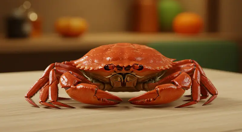 가을 제철 활꽃게 한 마리가 탁자 위에 올려져 있는 모습, 신선하고 윤기 나는 붉은색 껍질이 특징