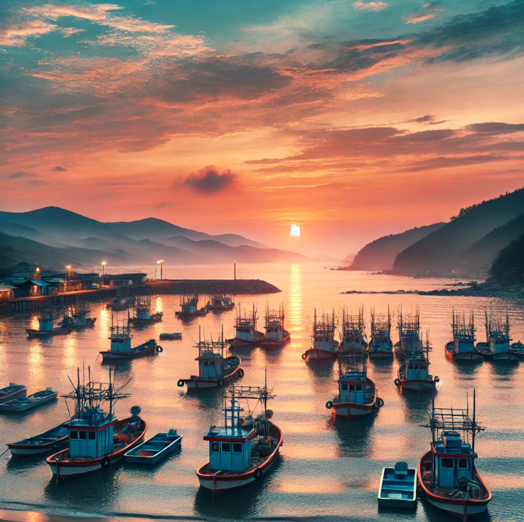 해안가에 정박된 여러채의 배 모습