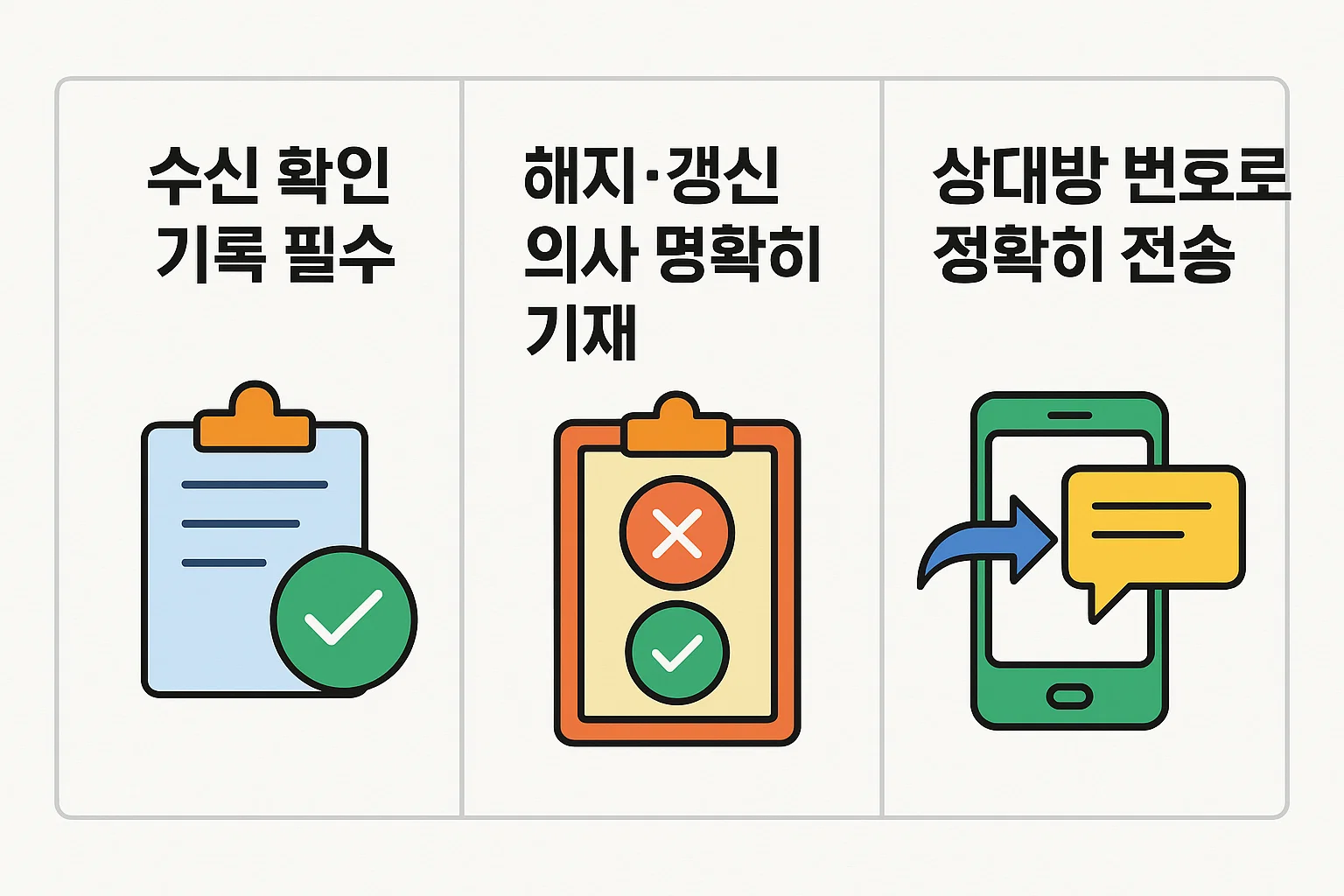 수신 확인, 해지&middot;갱신 의사 명확 기재, 정확한 번호 전송 등 전세 계약 만료 통보의 법적 효력 인정 기준을 시각적으로 정리한 인포그래픽